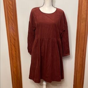 Madewell Maroon Corduroy Pleated Long Sleeve Sundress